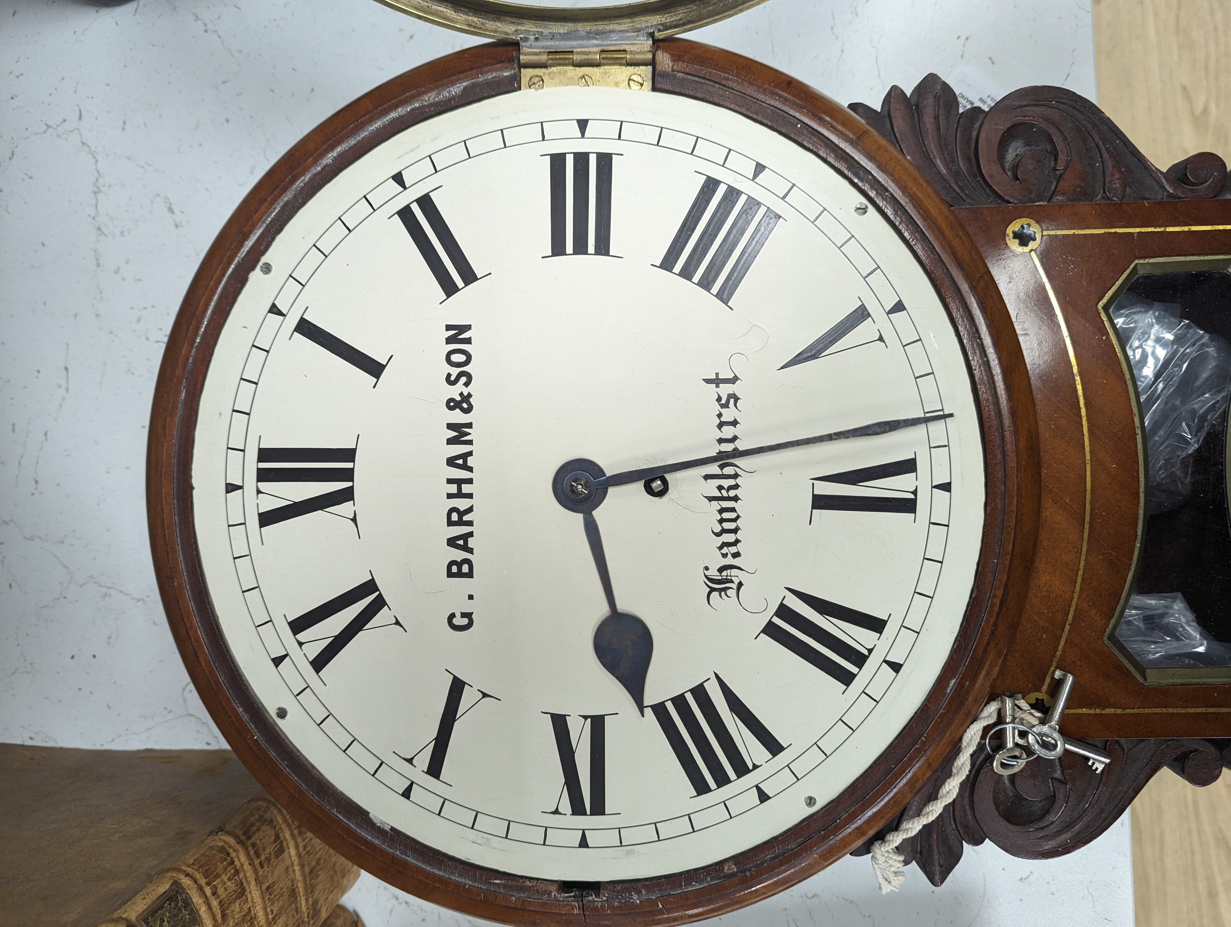 G. Barham & son, Hawkhurst mahogany drop dial wall clock clock 50cm, Single fusee movement